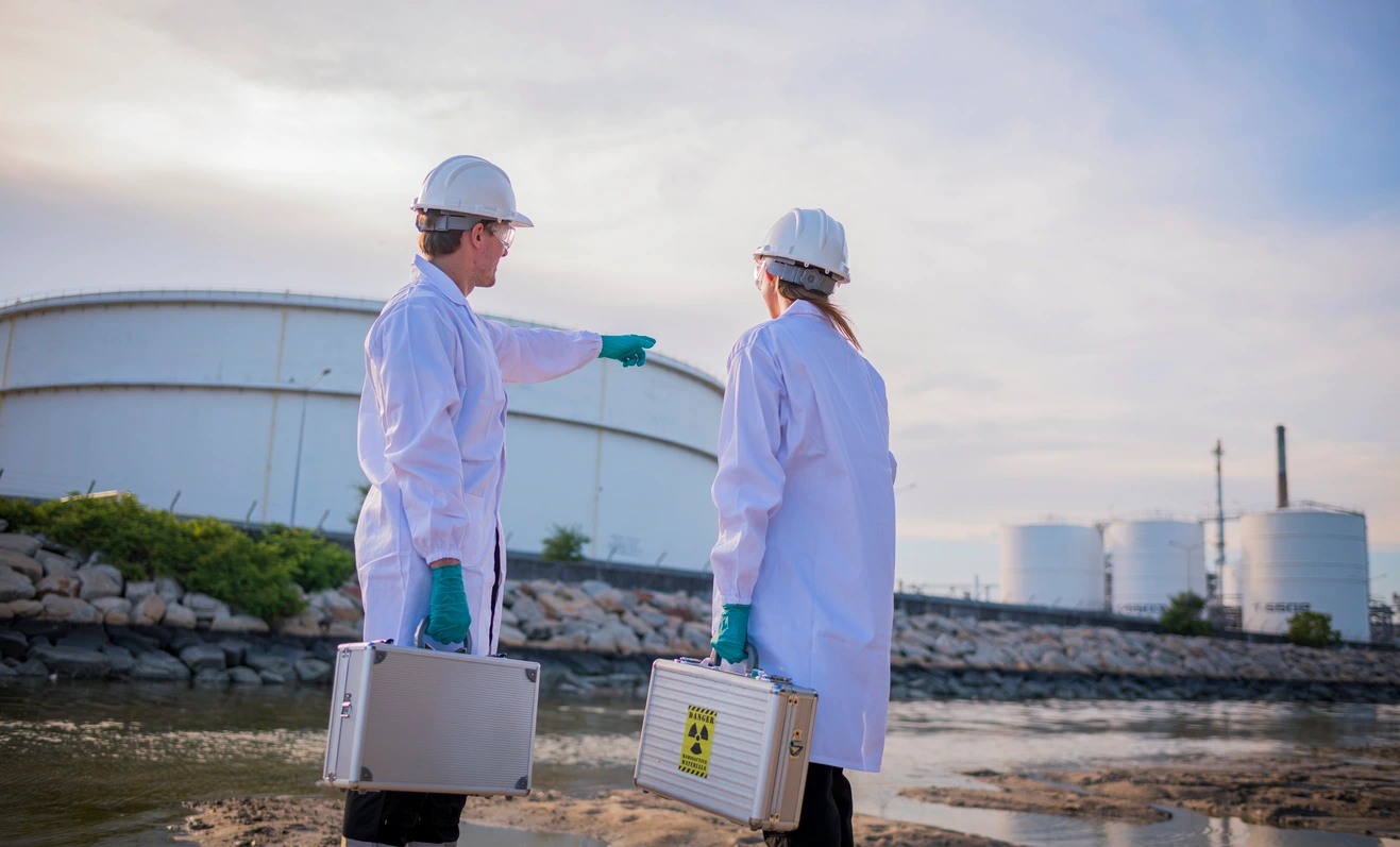 Scientist factory wearing protective uniform
